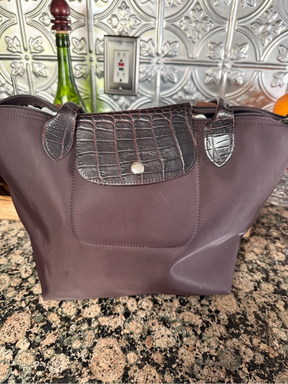 Longchamp Small Tote in Dark Brown Nylon with Croc-Embossed Trim
